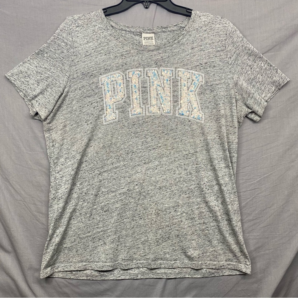 PINK Victoria's Secret Gray Short Sleeve Tee with Embroidered Logo